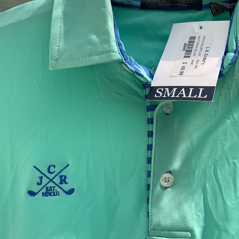 J.R. CRIDERS POLO GOLF SHIRT POLY SPANDEX MINT GREEN WITH STRIPE DETAIL SMALL